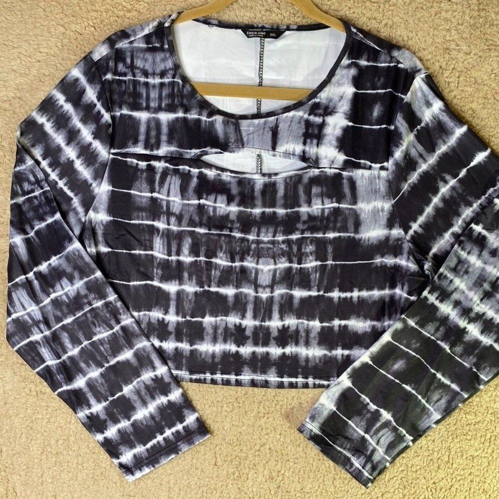 Shein Womens Plus Sz 3XL (Tag Size) Black & White Tie Dye Long Sleeve Crop Top